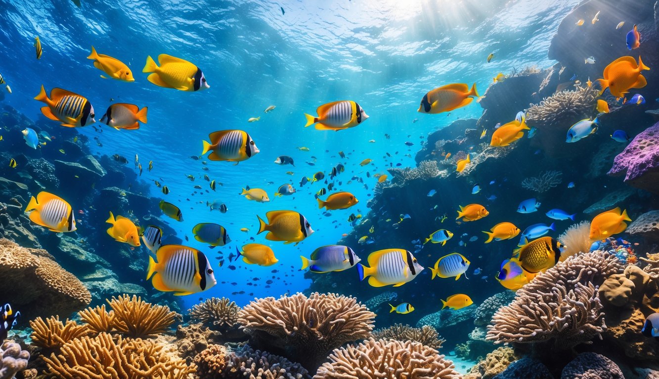 Pemandangan bawah laut dengan terumbu karang berwarna-warni dan berbagai ikan tropis berenang di air jernih.