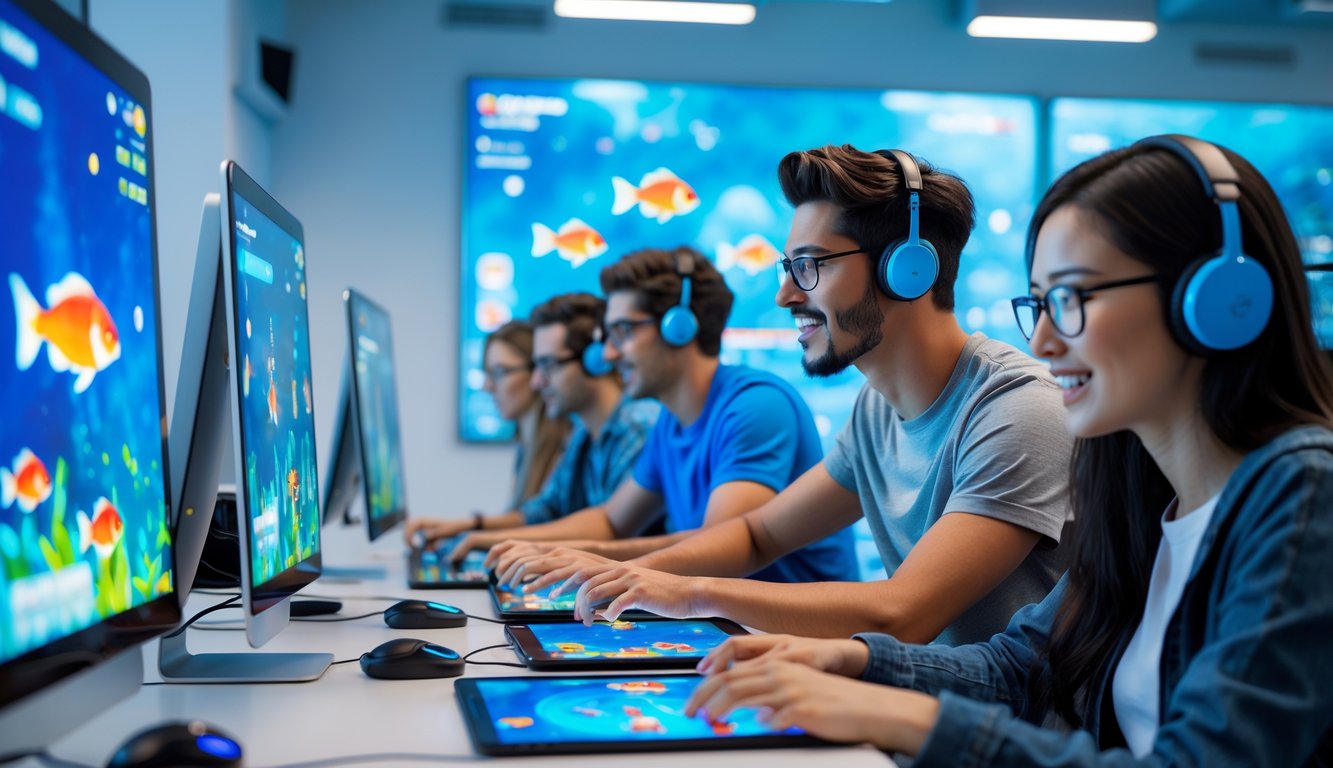 Sekelompok orang muda bermain game tembak ikan online di ruangan terang dengan layar komputer dan tablet menampilkan grafik ikan berwarna-warni.