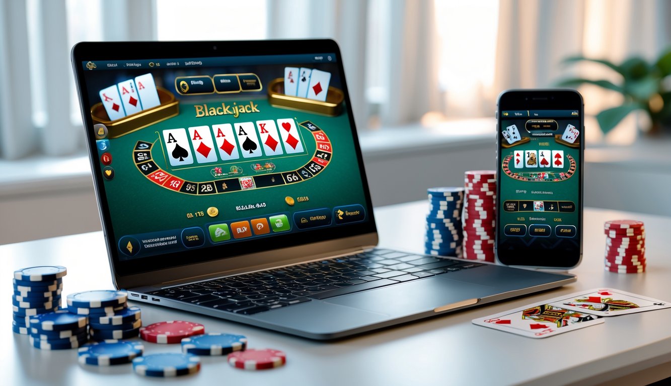 Sebuah laptop yang menampilkan permainan blackjack online dengan kartu dan chip poker di sekitar meja kerja yang rapi.
