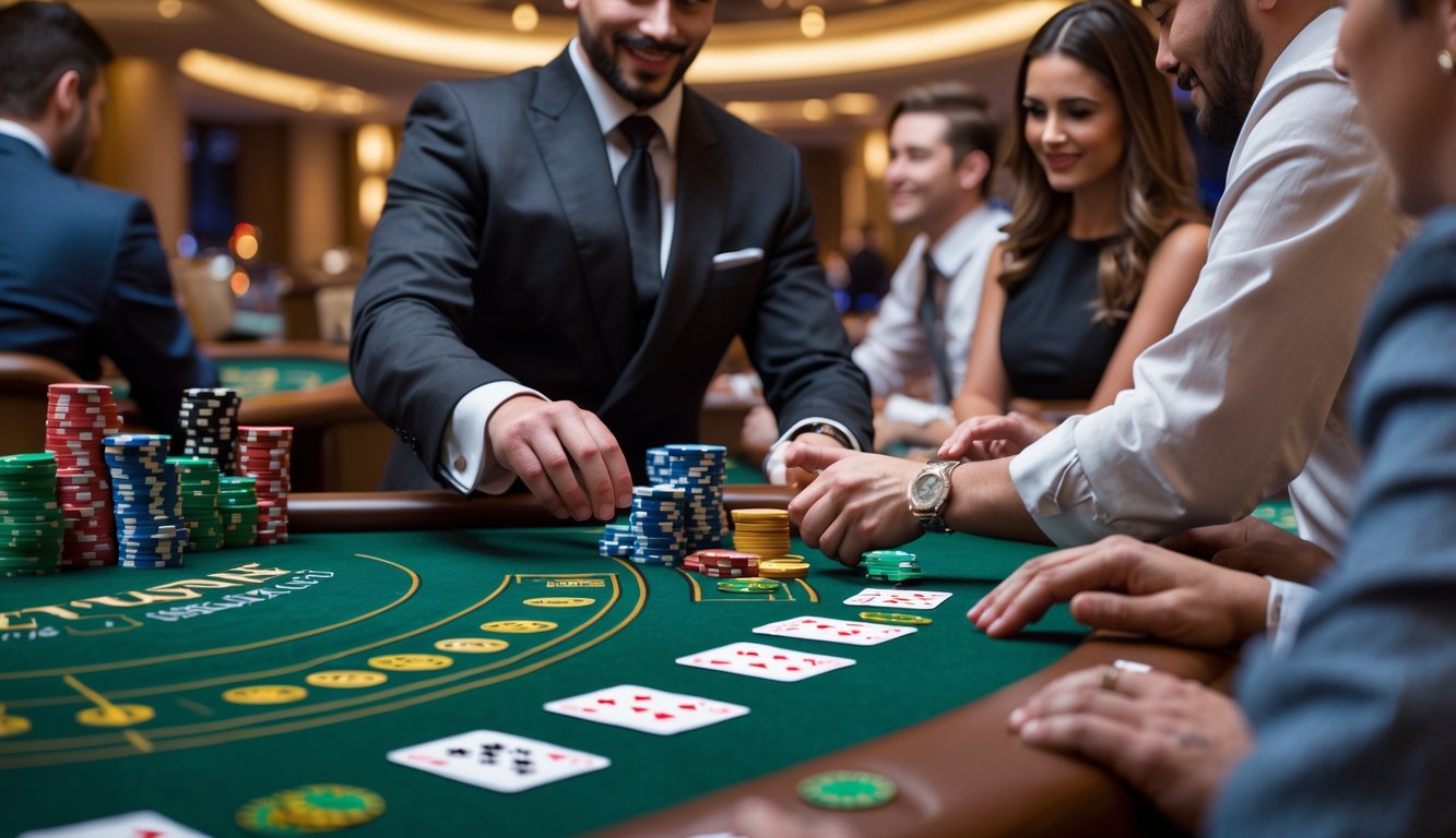 Suasana permainan blackjack di kasino dengan dealer dan pemain menggunakan chip uang asli di meja hijau.