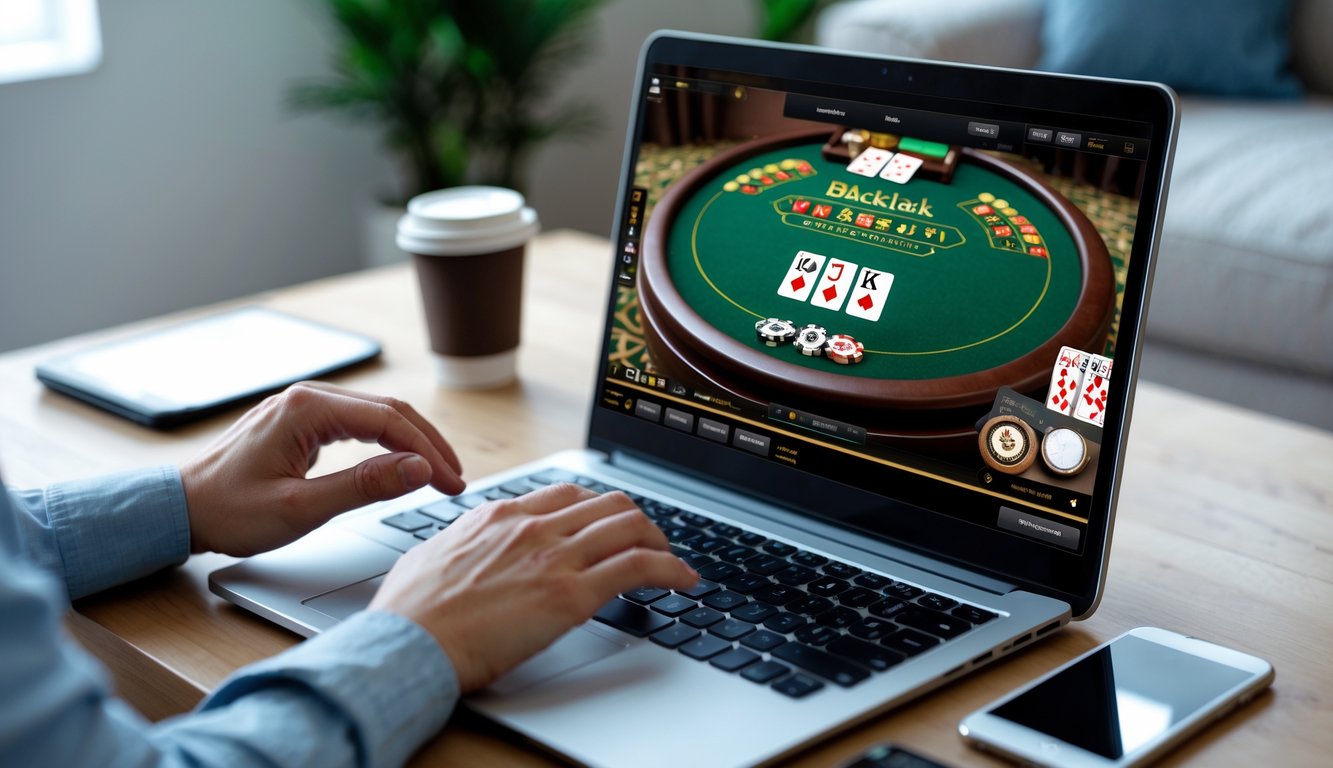 Seseorang sedang bermain blackjack online di depan komputer dengan kartu dan chip terlihat di layar.