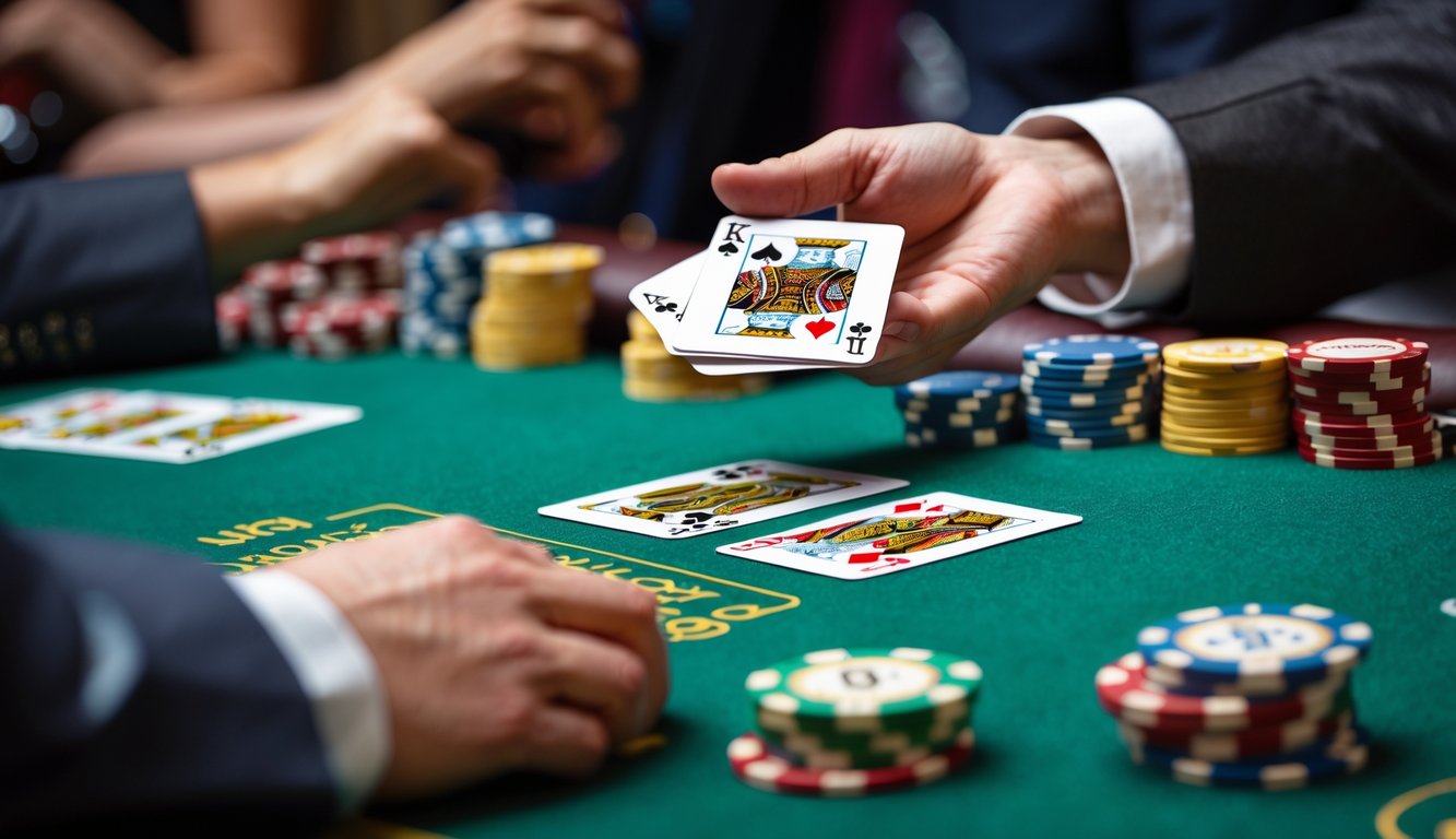 Meja blackjack dengan kartu dan tumpukan chip, menunjukkan suasana permainan kasino.