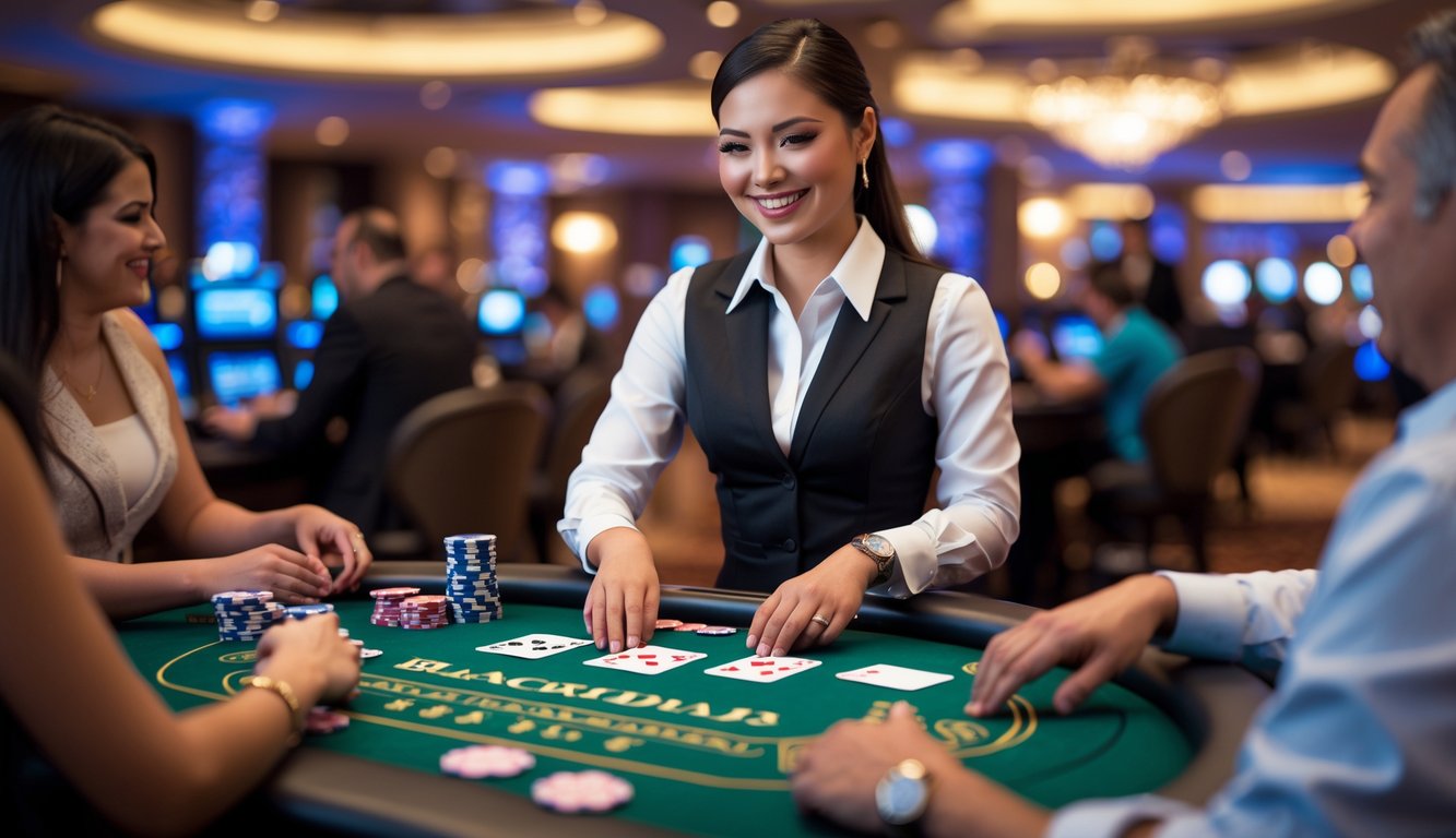 Seorang dealer wanita sedang membagikan kartu di meja blackjack dengan pemain di sekitarnya di kasino.