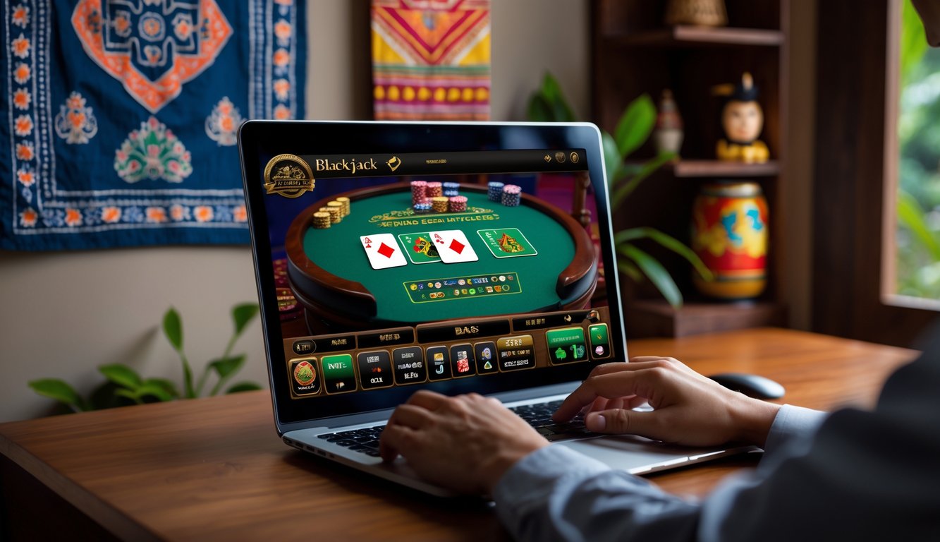 Seorang pengguna bermain blackjack online di depan laptop dengan latar dekorasi budaya Indonesia.