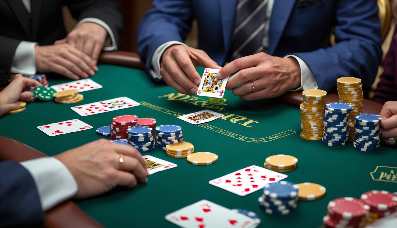 Meja blackjack dengan kartu dan tumpukan chip, dealer membagikan kartu kepada pemain di sekitar meja.