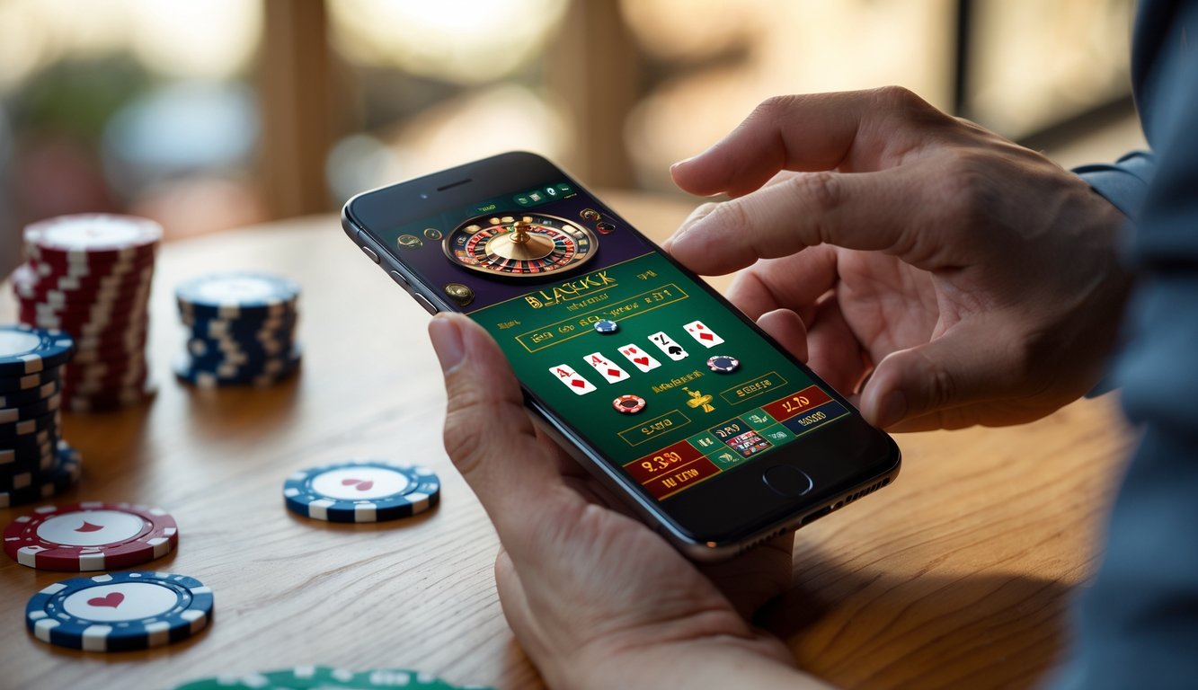 Seseorang memegang smartphone yang menampilkan permainan blackjack di layar dengan latar meja kayu dan chip kasino di sekitarnya.