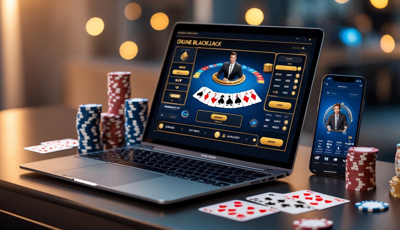 Seorang pemain sedang menggunakan laptop dengan permainan blackjack online yang terlihat di layar, dikelilingi oleh chip kasino dan kartu remi.