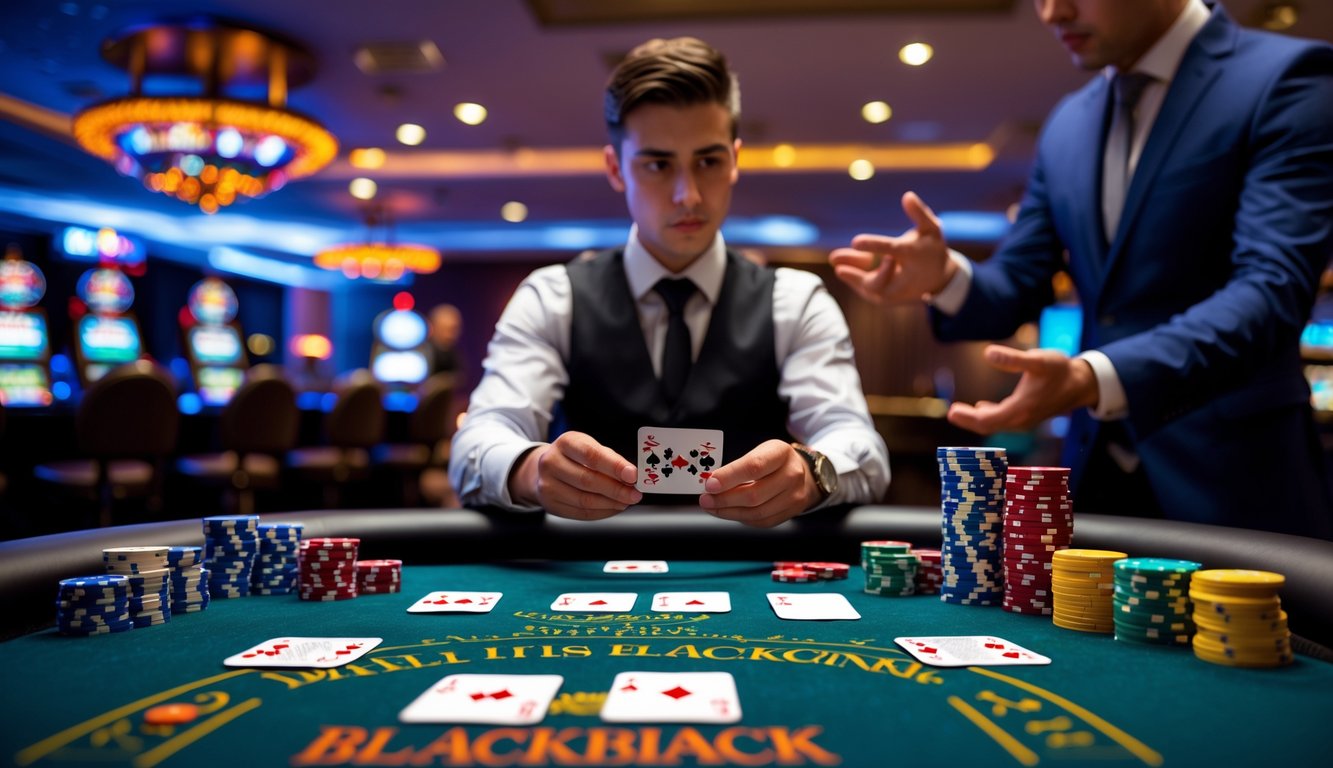 Seorang pemula belajar trik blackjack di meja kasino dengan kartu dan chip, didampingi oleh seorang instruktur.