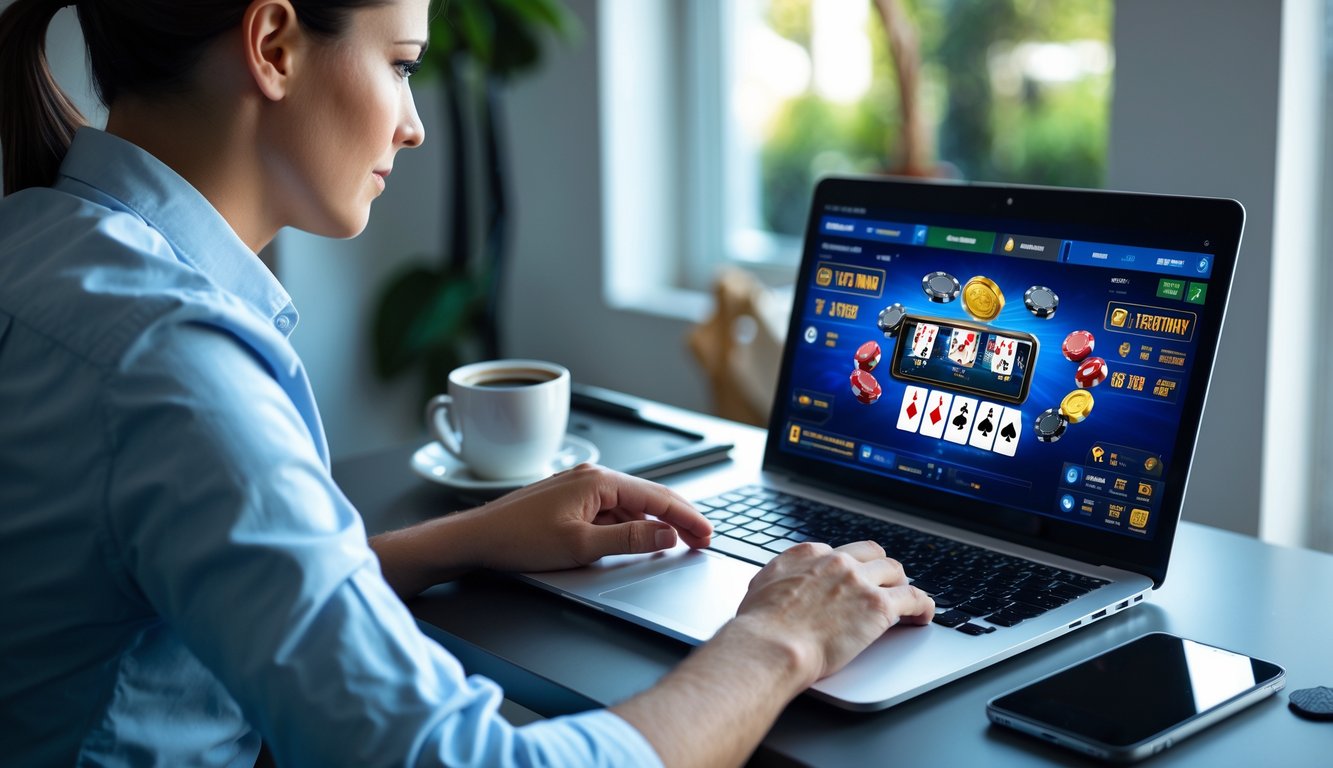 Seseorang duduk di meja dengan laptop yang menampilkan permainan poker online, terlihat fokus dan nyaman di ruang kerja rumah.