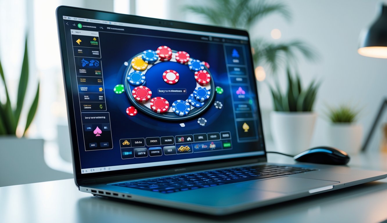 Sebuah meja kerja dengan komputer menampilkan permainan poker online dengan chip dan kartu poker di layar.