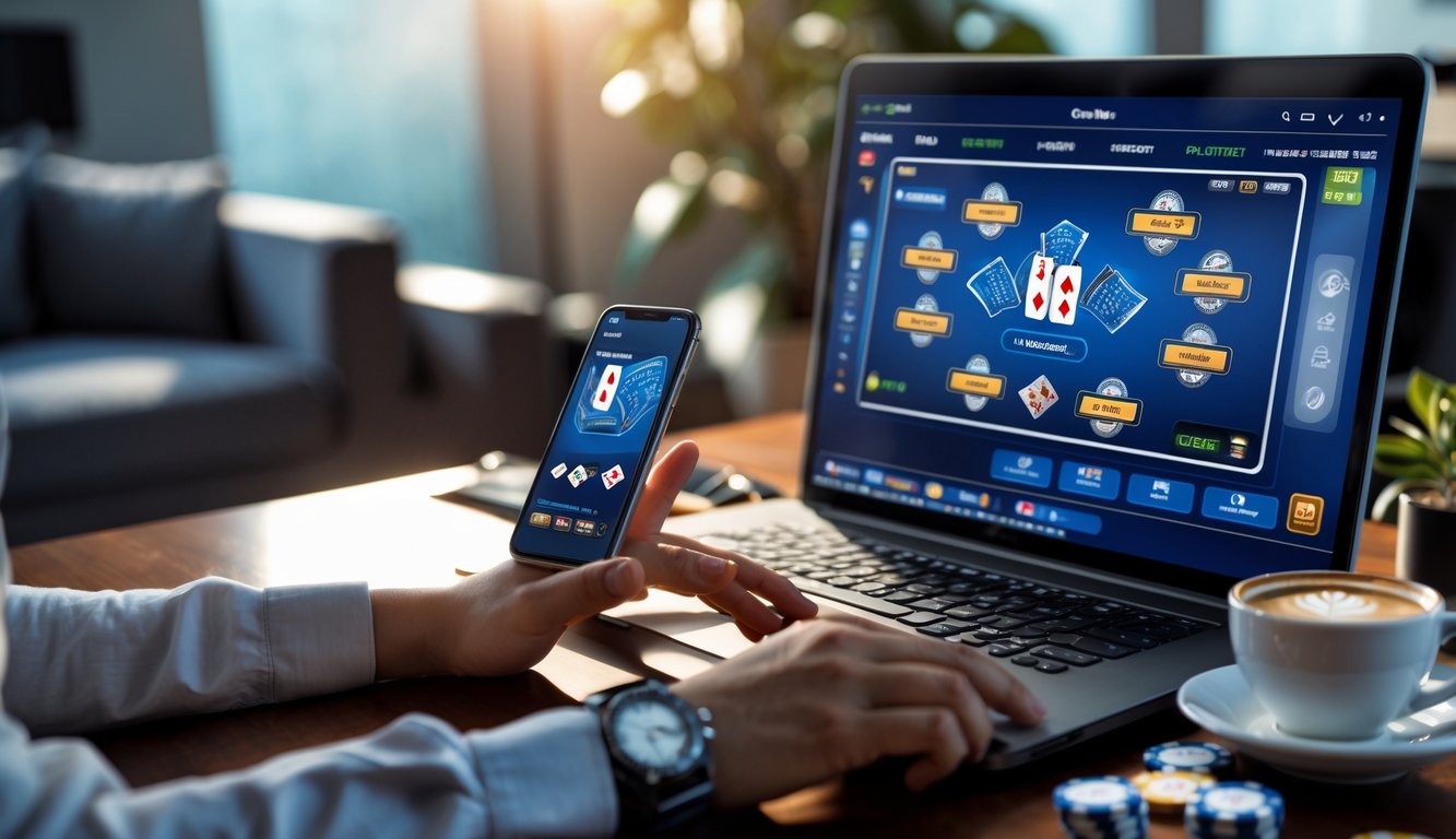 Seseorang bermain poker online dengan uang asli menggunakan laptop di meja dengan chip poker dan ponsel.
