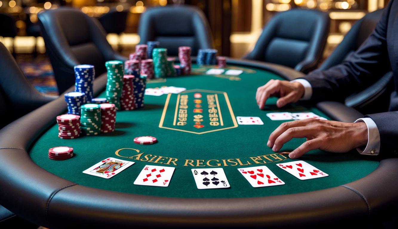 Meja poker dengan chip dan kartu di kasino mewah tanpa teks