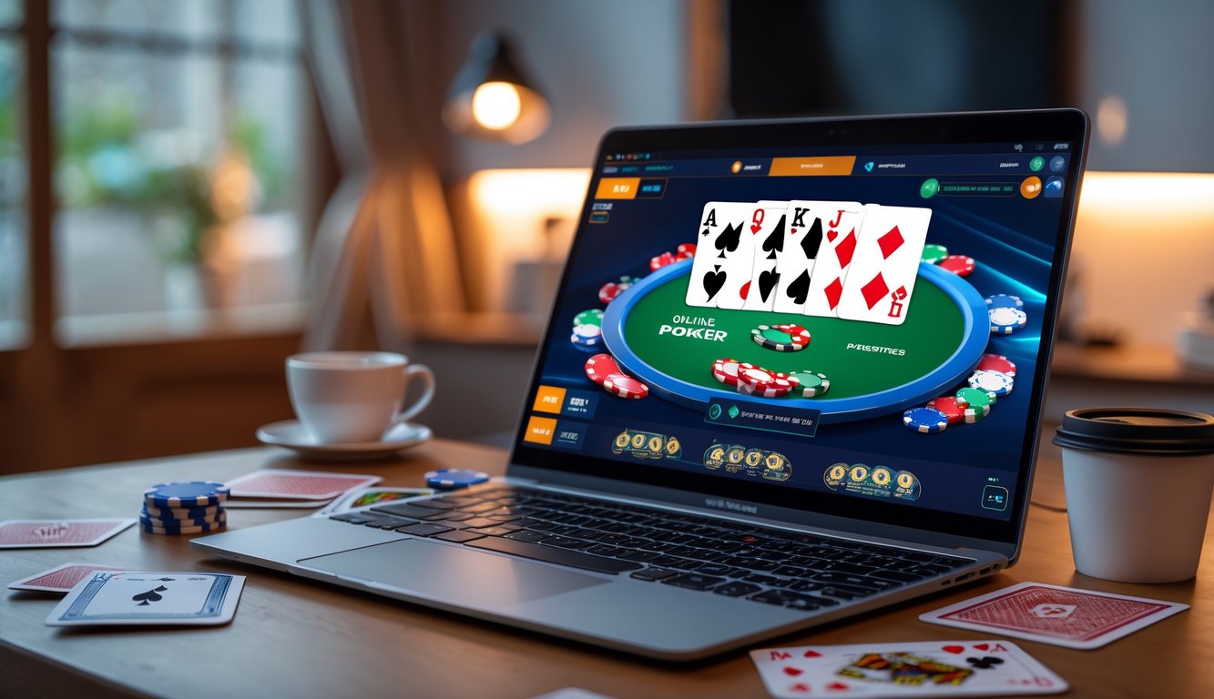 Sebuah meja kerja dengan laptop yang menampilkan permainan poker online, dikelilingi oleh tumpukan chip poker dan kartu remi.