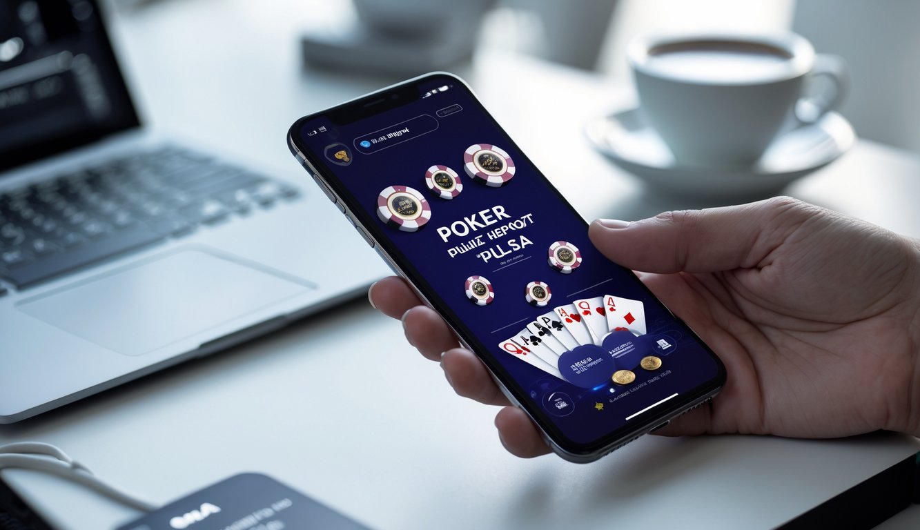 Seseorang memegang ponsel yang menampilkan permainan poker online dengan chip dan kartu, di atas meja kerja dengan laptop dan cangkir kopi.