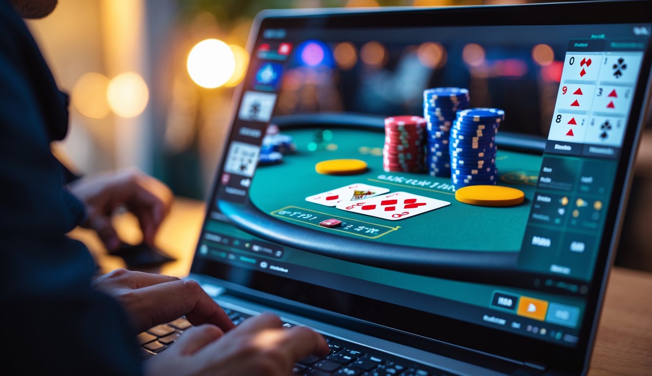 Seseorang bermain permainan poker online di komputer dengan kartu dan chip terlihat di layar.