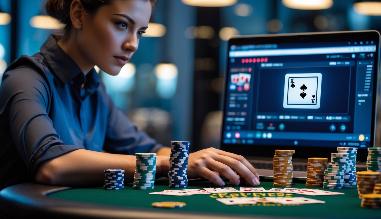 Seorang pria fokus duduk di meja poker dengan chip dan kartu, menggunakan laptop untuk bermain poker online.