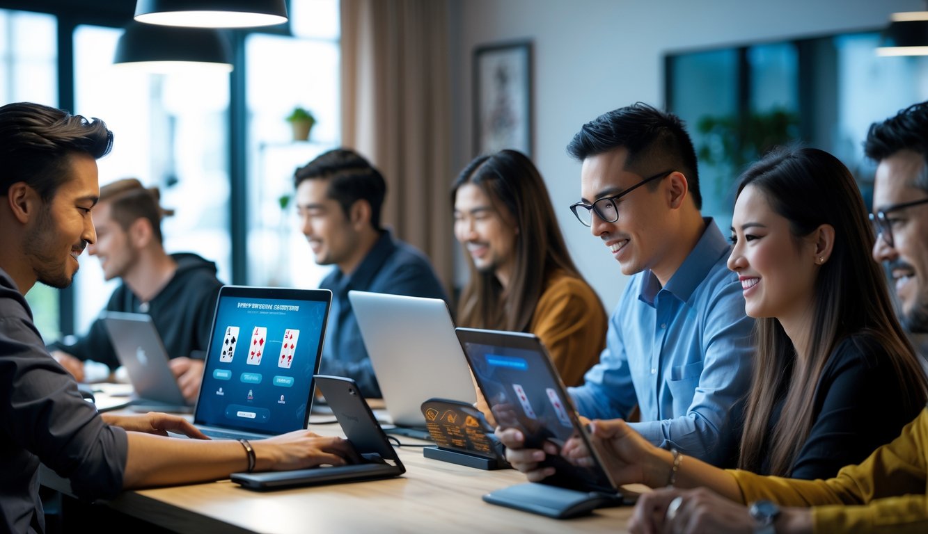 Beberapa orang sedang bermain poker online menggunakan laptop dan tablet di sebuah ruangan modern.