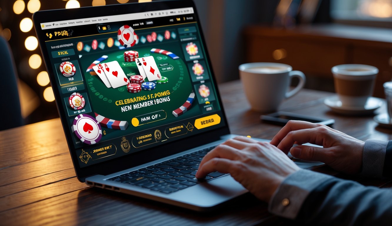 Seseorang bermain poker online di depan laptop dengan chip poker dan kartu bermain terlihat di layar.