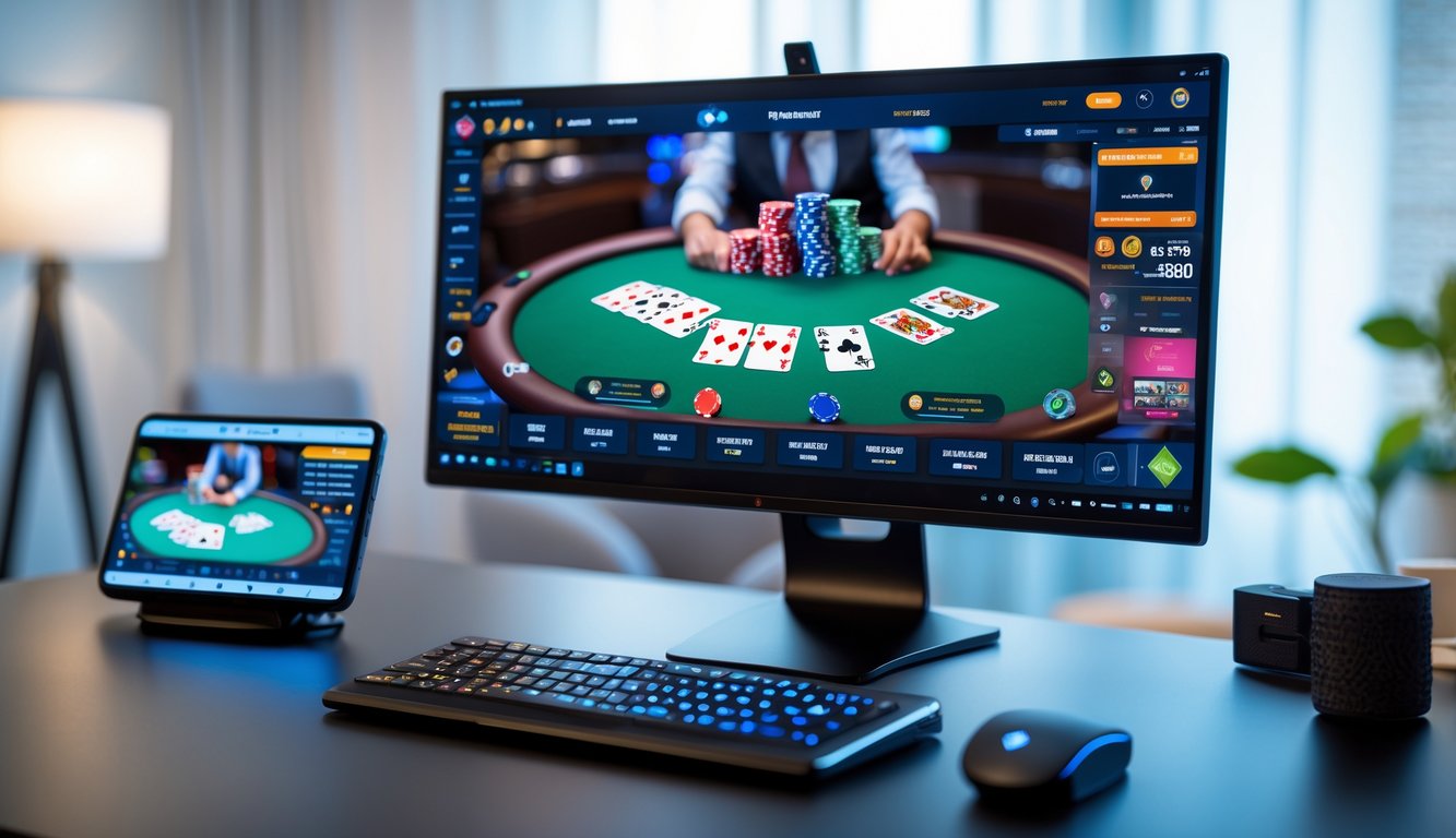 Sebuah meja kerja dengan komputer menampilkan permainan poker online, kartu remi dan chip poker terlihat di layar.