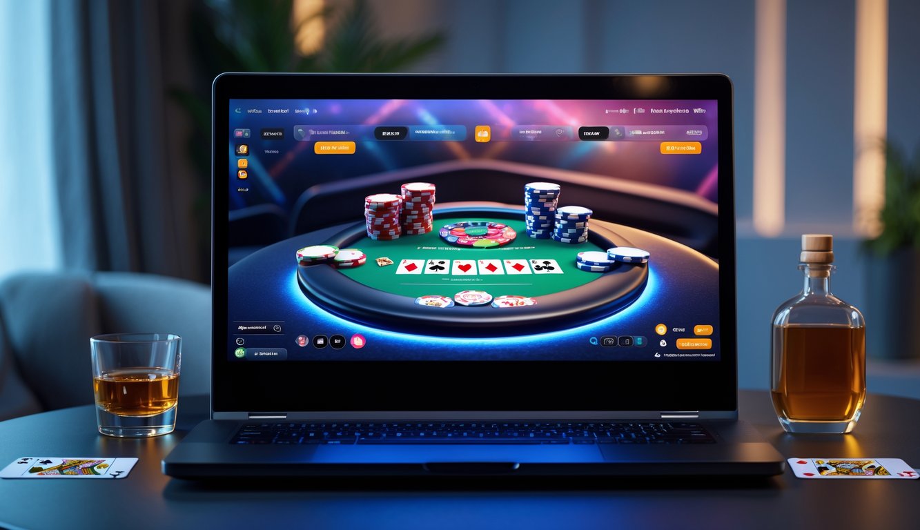 Sebuah meja dengan komputer menampilkan permainan poker online dengan chip poker dan kartu bermain di sekitarnya.