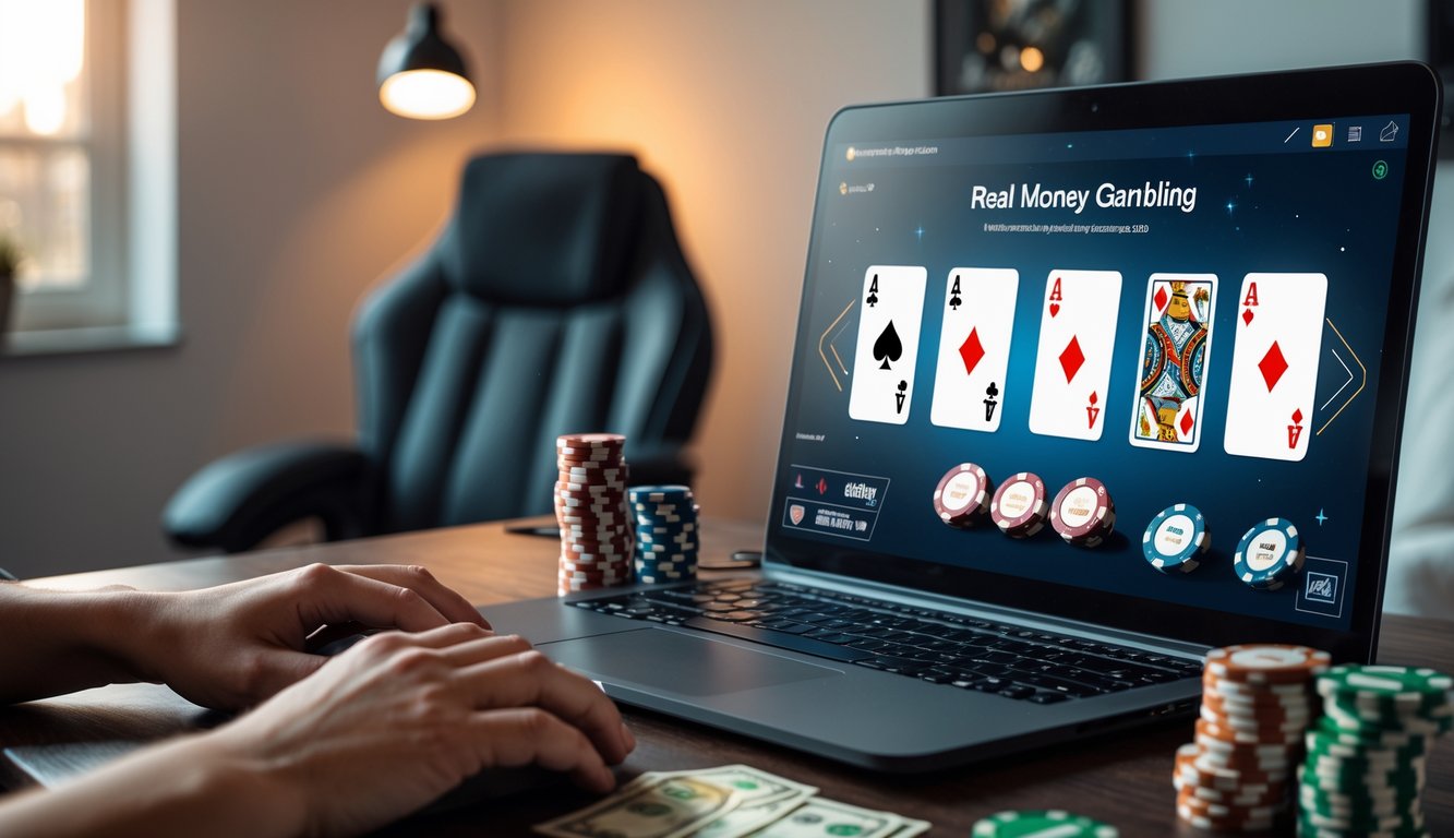Seseorang bermain poker online dengan komputer dan chip poker serta uang nyata di meja.