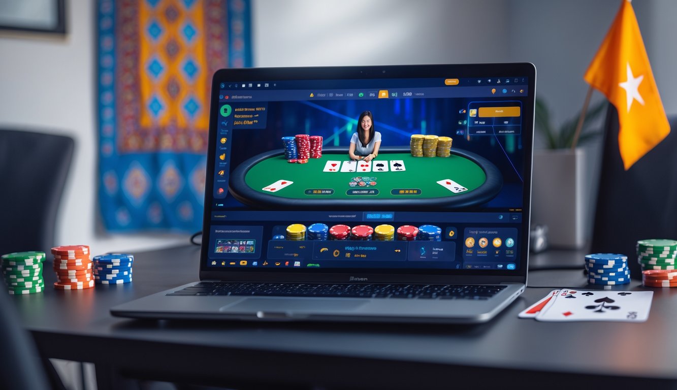 Seorang pemain menggunakan laptop untuk bermain poker online dengan latar belakang elemen budaya Indonesia seperti pola batik dan bendera kecil di meja.