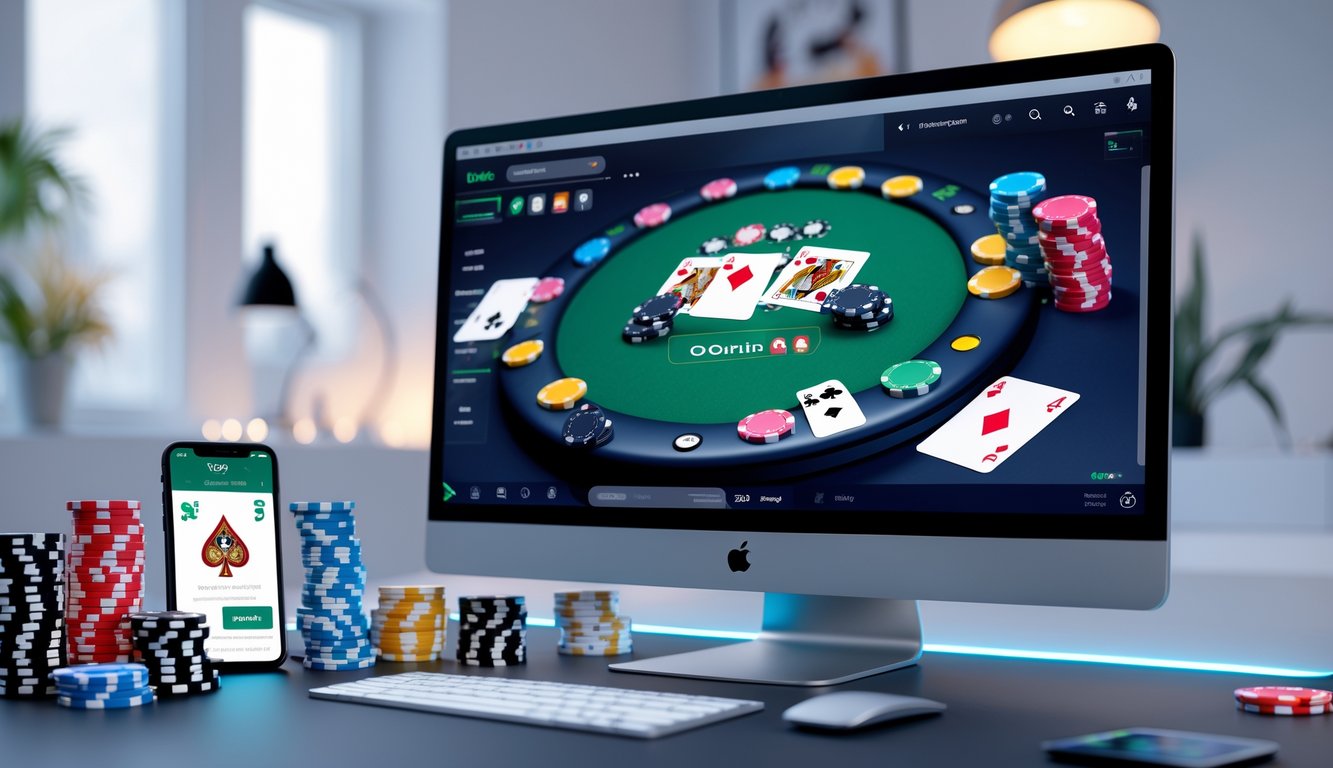 Sebuah meja kerja dengan komputer yang menampilkan permainan poker online dan perlengkapan poker seperti chip dan kartu.