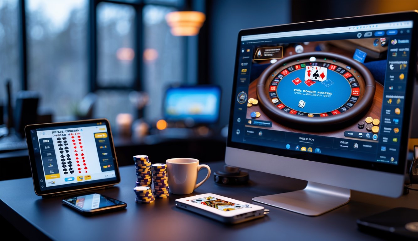 Seseorang sedang bermain poker online menggunakan komputer di ruang kerja dengan tumpukan chip poker dan ponsel di meja.