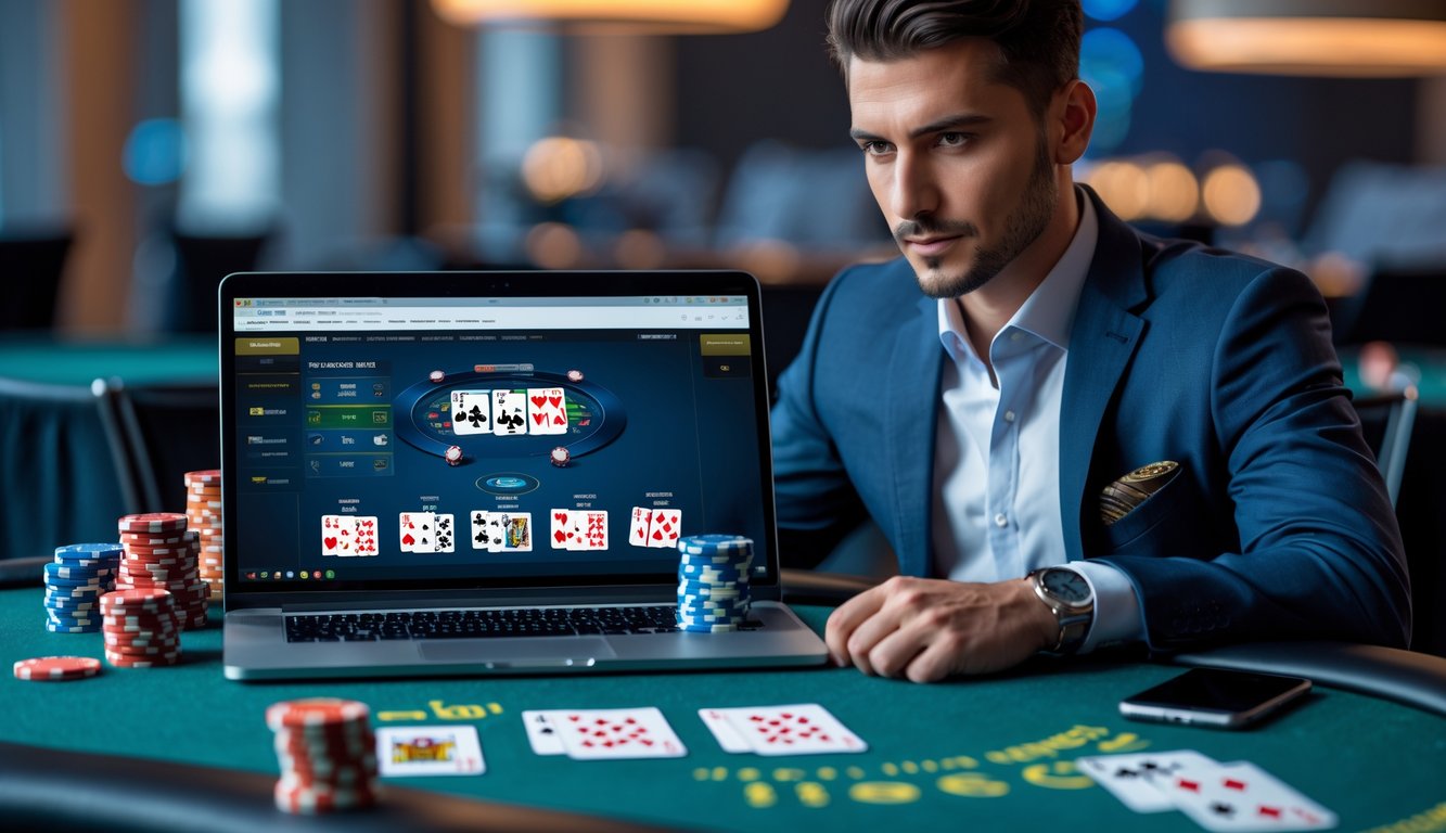 Seorang pria fokus bermain poker online dengan laptop, kartu, dan chip poker di meja.