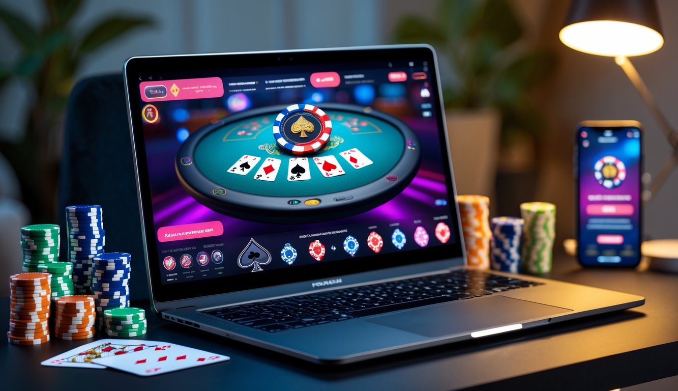 Sebuah meja kerja dengan laptop yang menampilkan permainan poker online, dikelilingi oleh chip poker dan kartu remi.