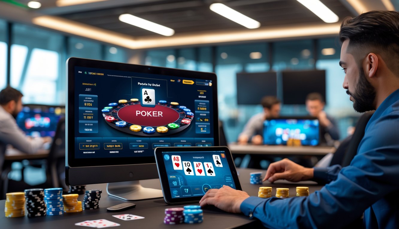Suasana turnamen poker online dengan pemain yang fokus menggunakan perangkat digital di meja virtual poker.