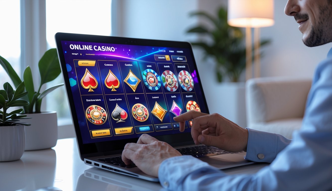 Seseorang menggunakan komputer dengan tampilan permainan kasino online di layar dalam ruangan yang nyaman dan rapi.