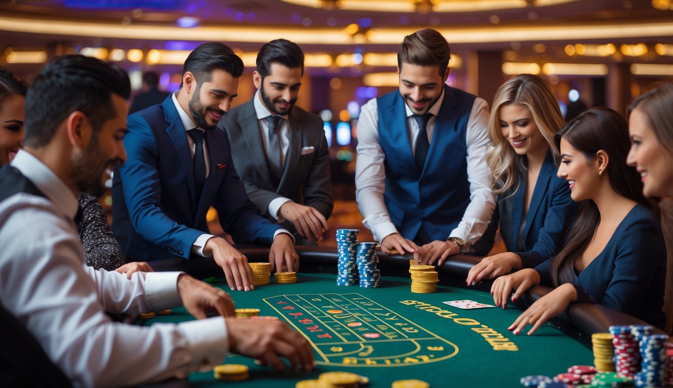 Orang-orang bermain permainan kasino uang asli di meja kasino dengan chip dan kartu.