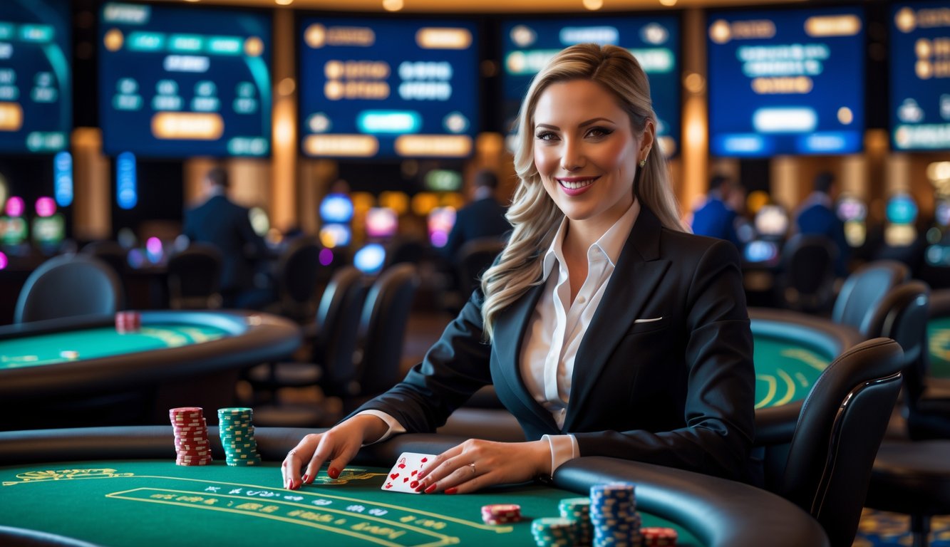 Seorang dealer wanita duduk di meja kasino dengan kartu dan chip, di latar belakang layar digital yang menampilkan permainan kasino online.