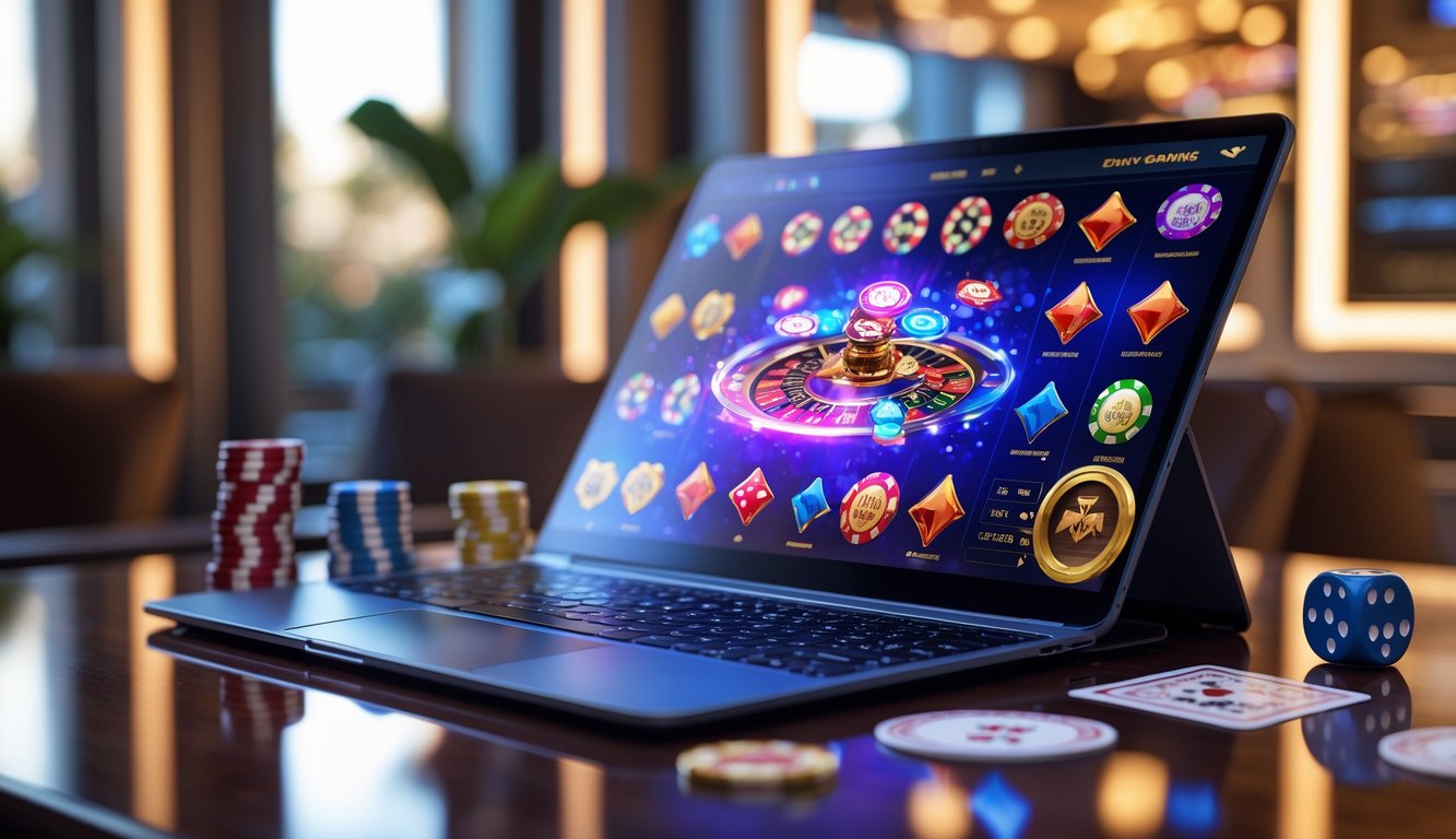 Sebuah laptop di atas meja kayu dengan tampilan permainan kasino online dan beberapa chip poker serta kartu di sekitarnya.