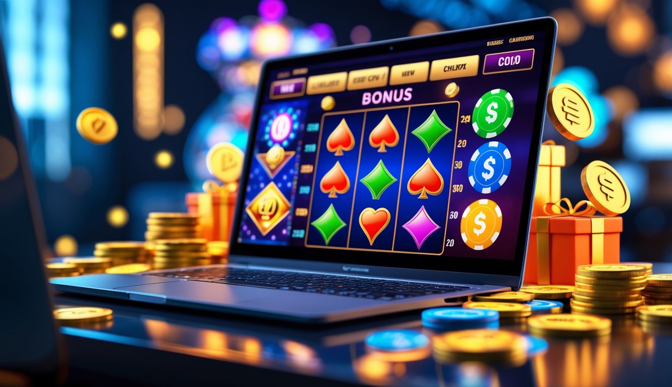 Suasana kasino online dengan komputer menampilkan permainan slot dan chip poker serta koin emas di sekitarnya.