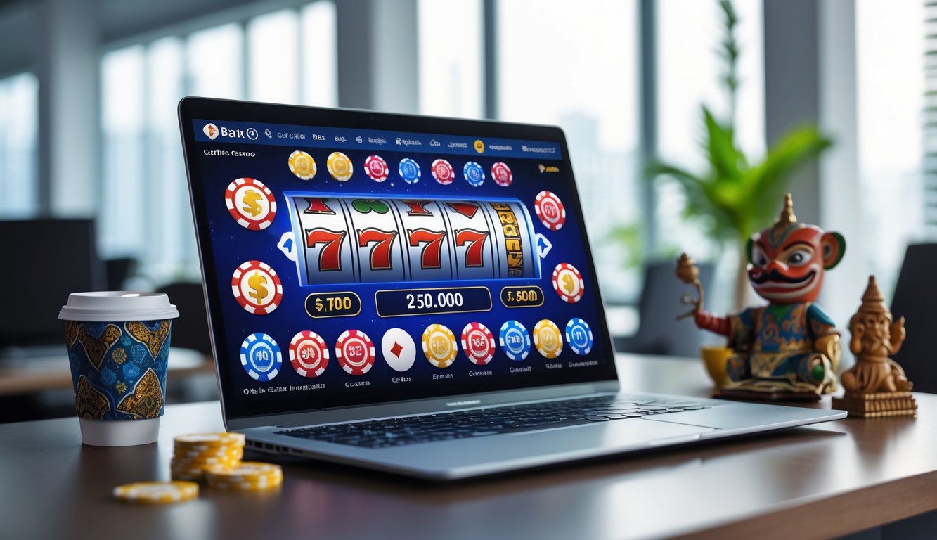 Seorang profesional menggunakan laptop di meja kerja dengan tampilan permainan kasino online dan beberapa hiasan budaya Indonesia di sekitarnya.