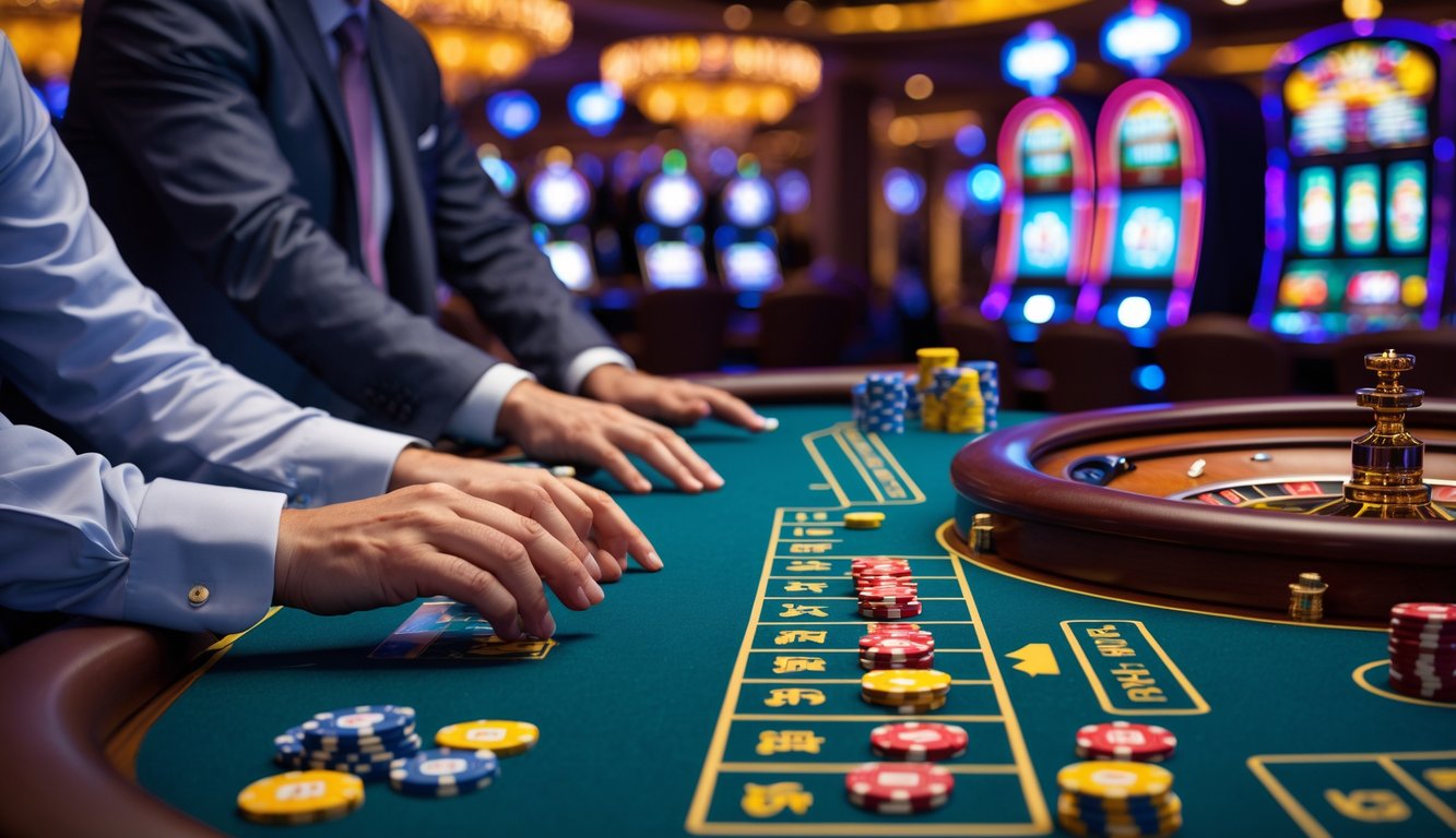 Adegan kasino dengan meja blackjack, roda roulette, dan mesin slot yang menyala, dengan tangan pemain yang sedang bermain.