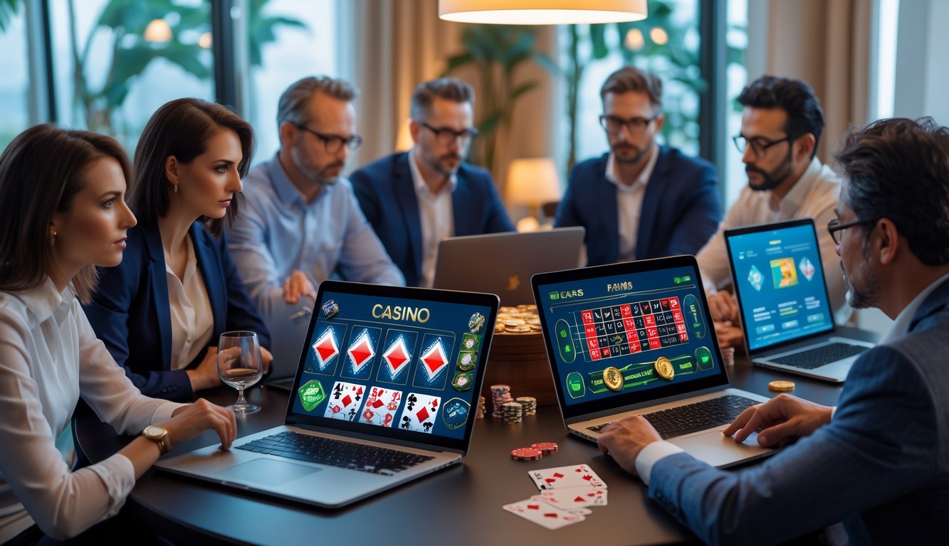 Sekelompok orang fokus menggunakan perangkat elektronik untuk merencanakan strategi bermain kasino online di sebuah ruangan yang nyaman.
