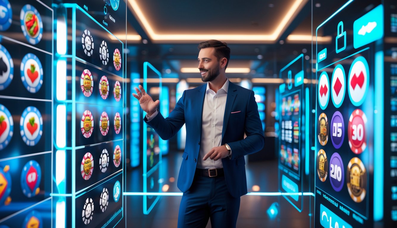 Seorang profesional menggunakan antarmuka digital modern untuk bermain permainan kasino di lingkungan kantor yang terang dan bergaya.