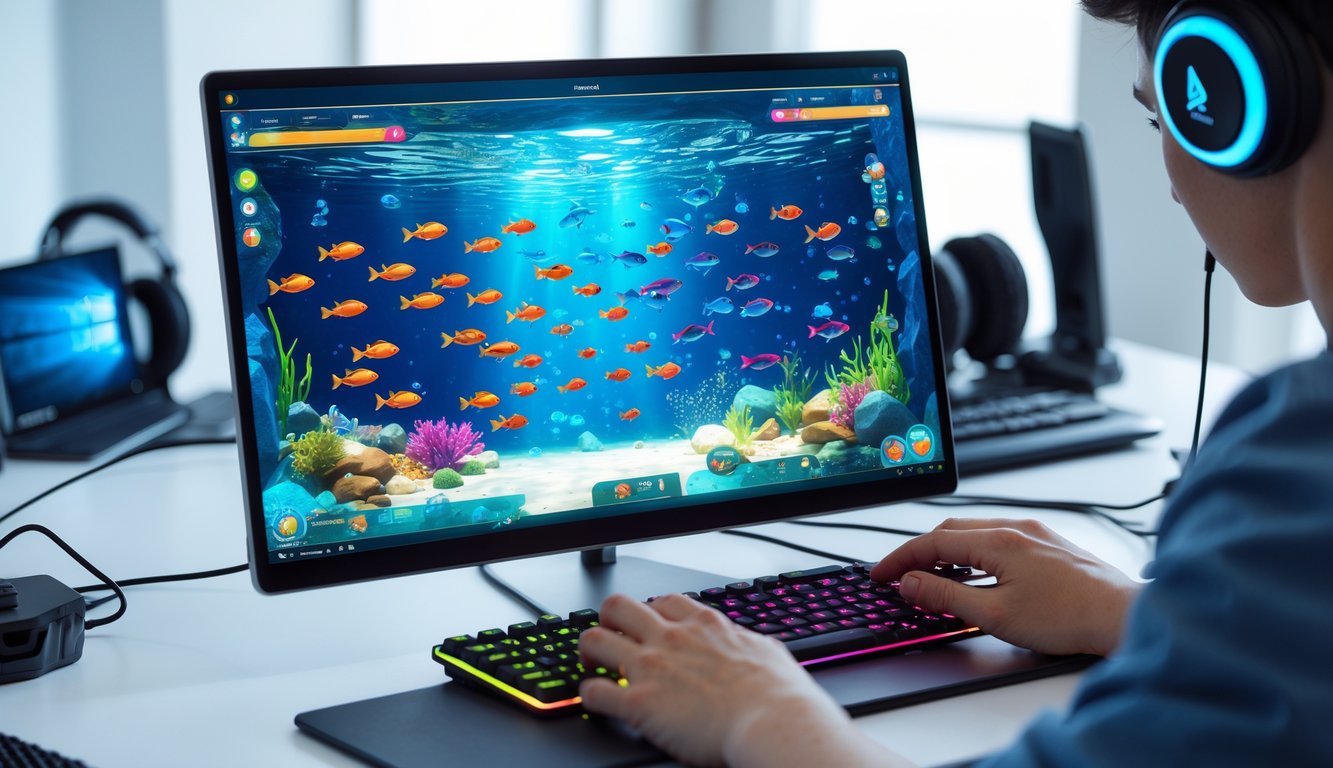 Seorang pemain sedang bermain permainan tembak ikan online di depan komputer dengan latar belakang meja kerja yang rapi.
