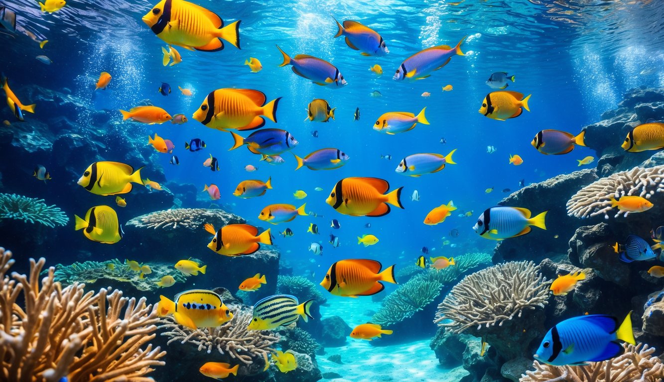 Pemandangan bawah laut dengan ikan tropis berwarna-warni berenang di antara terumbu karang yang hidup.
