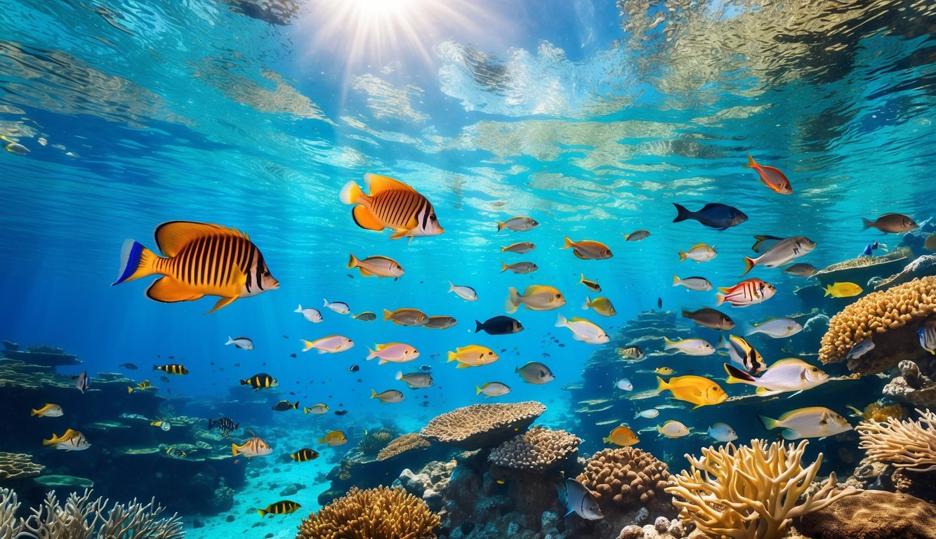 Pemandangan bawah laut yang jernih dengan berbagai ikan berwarna-warni berenang di antara terumbu karang yang hidup.