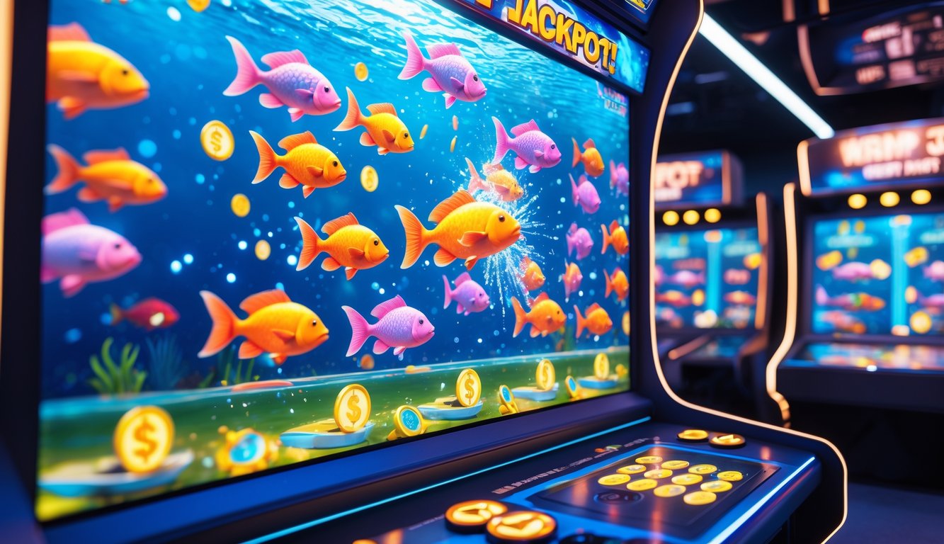 Layar permainan ikan digital dengan ikan berwarna-warni dan efek kemenangan jackpot besar.