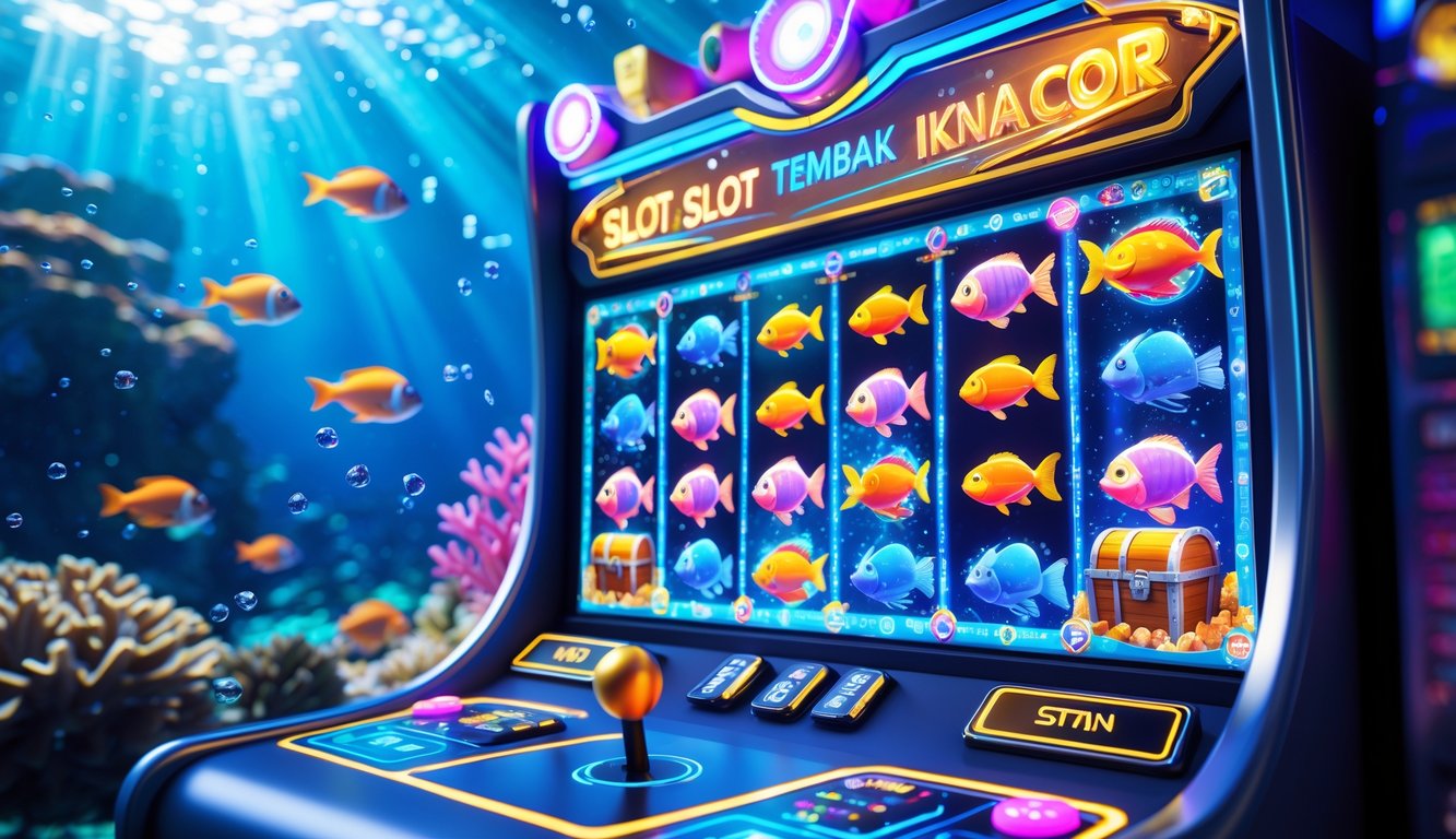 Suasana permainan arcade bawah laut dengan berbagai ikan berwarna-warni dan elemen game digital yang cerah.