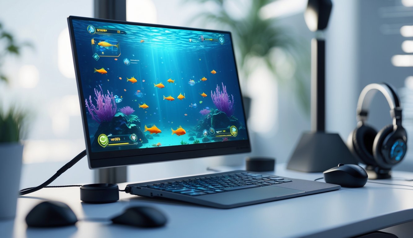 Sebuah komputer dengan layar yang menampilkan permainan ikan berwarna-warni di lingkungan permainan online.
