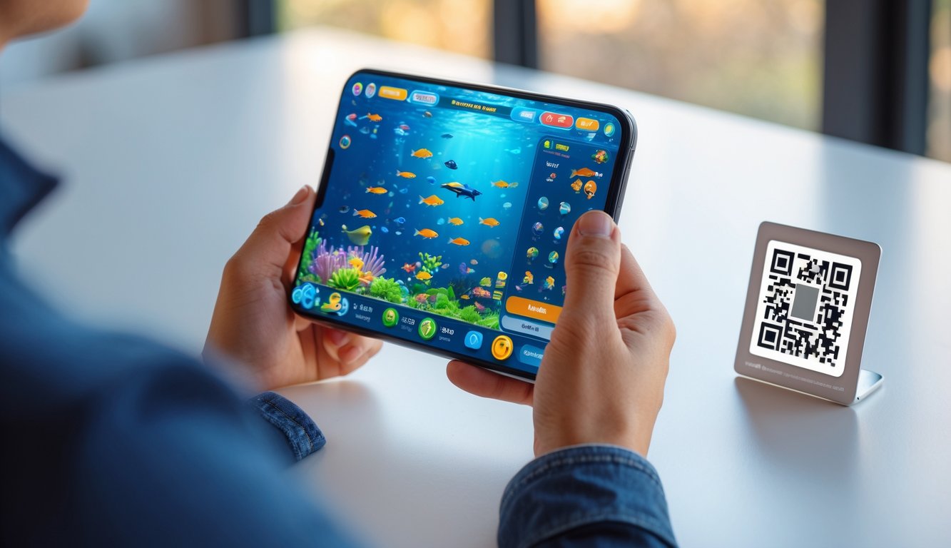 Seseorang memegang ponsel yang menampilkan permainan tembak ikan online dengan kode QR untuk pembayaran di meja.