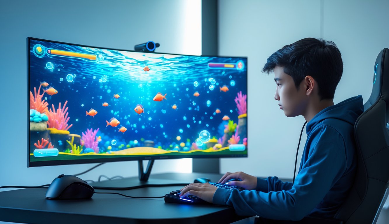 Seorang pria duduk di depan komputer dengan layar menampilkan permainan ikan tembak berwarna-warni, fokus bermain di ruangan permainan yang bersih dan terang.