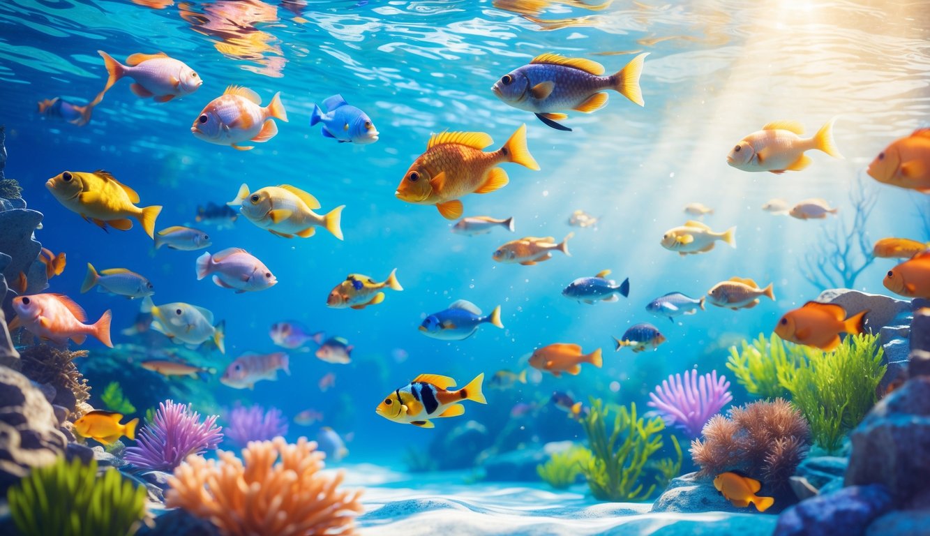 Pemandangan bawah laut dengan berbagai ikan berwarna-warni berenang di air jernih dengan terumbu karang dan tanaman air di latar belakang.