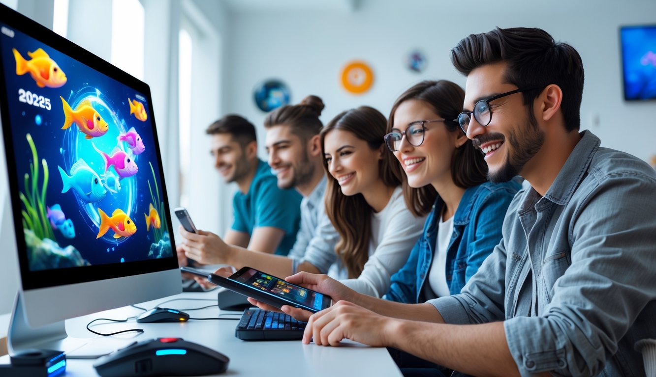 Sekelompok orang muda sedang bermain game tembak ikan di perangkat digital dalam ruangan modern.